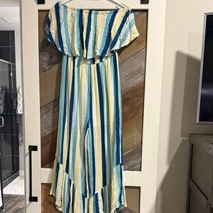 Striped Off-Shoulder Jumpsuit in Blue and Yellow